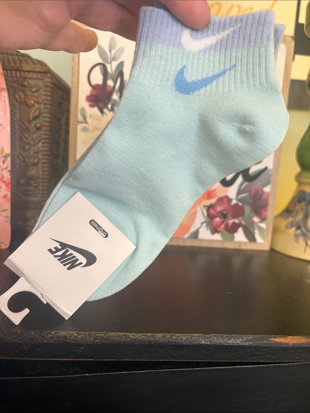 Nike Men’s Mint Green Ankle Socks with Blue Swoosh and Lilac Cuff